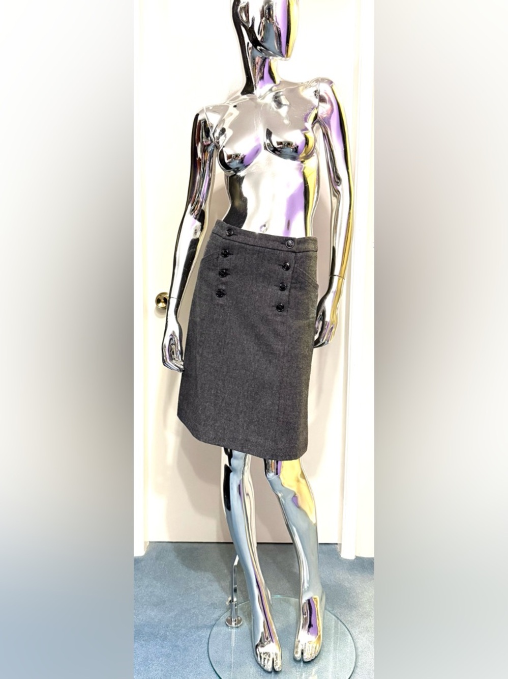 H&M Deep Blue + Grey Tweed Double-Button Front Skirt - slight A-line TTK